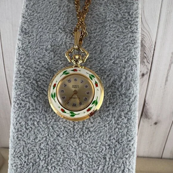Villeruse 1960s Swiss Hand Wind Necklace Watch with Hand Painted Enameled Roses Villeruse 1960s Swiss Hand Wind Necklace Watch with Hand  main image 4